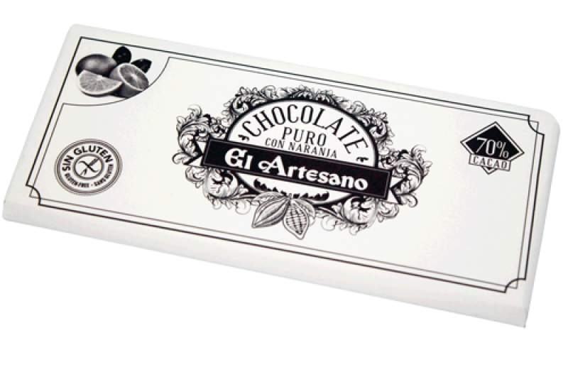 Tableta de Chocolate puro 70% cacao con naranja 125g - El Artesano.-ChocolateSI-70%,Chocolate Negro,Con Almendras,Con Naranja,el artesano,Sin Gluten,tabletas