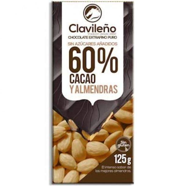 Chocolate Negro 60% Cacao con Almendras sin Azúcares Añadidos 125g - El Clavileño-chocolates clavileno-Chocolate Negro,Con Almendras,Con Frutos Secos,El Clavileño,Sin Azúcar,Sin Gluten,tabletas