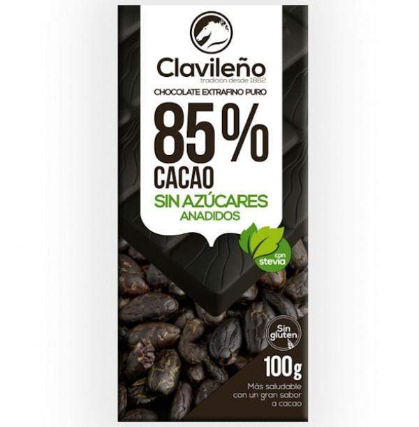 Chocolate Negro 85% Cacao con Stevia sin Azúcares Añadidos 100g - Chocolates Clavileño-chocolates clavileno-80%,Chocolate Negro,El Clavileño,saludables,Sin Azúcar,Sin Gluten,Stevia,tabletas