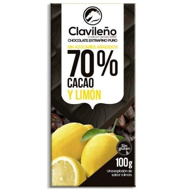 Chocolate Negro 70% Cacao con Limón sin Azúcares Añadidos 100g - El Clavileño-chocolates clavileno-70%,Chocolate Negro,El Clavileño,limón,Sin Azúcar,Sin Gluten,tabletas