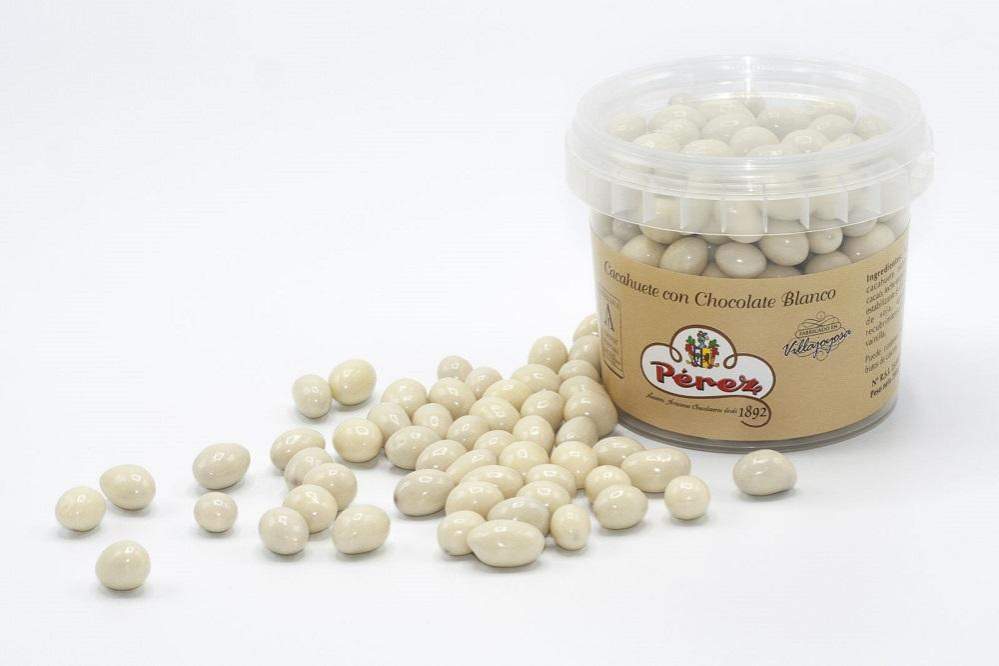 Tarrina De Cacahuetes Bañados Con Chocolate Blanco- 200g - Chocolates Pérez-chocolateSI-Chocolate Blanco,Con Cacahuete,Con Frutos Secos,grageas,perez