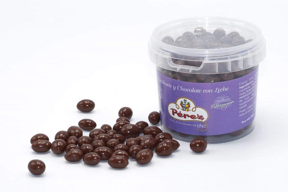 Tarrina De Pasas Bañadas Con Chocolate Con Leche- 200g - Chocolates Pérez-chocolateSI-chocolate con leche,Con Cacahuete,grageas,perez