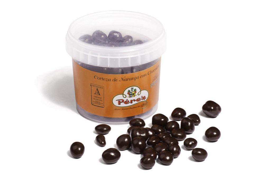 Tarrina De Corteza De Naranja Con Chocolate Negro 200g - Chocolates Pérez-chocolateSI-Chocolate Negro,Chocolate Puro,Con Naranja,grageas,Navidad,perez