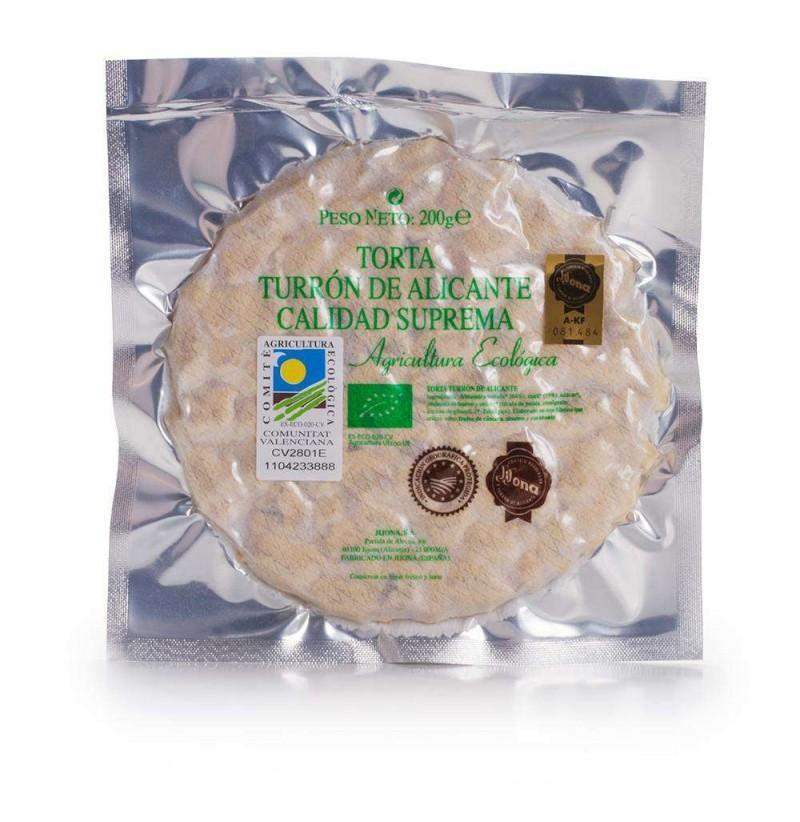 Un disco redondo de 200g de Tortas Turrón Alicante Ecológico El Abuelo de Jijona S.A., ecológico y marcado con sellos de calidad y origen.