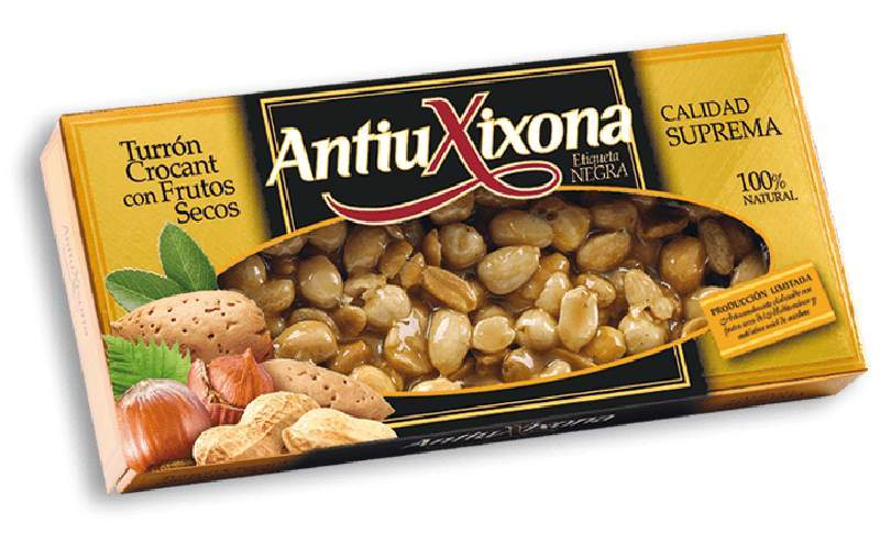 Turrón Crocant con Frutos Secos Antiu Xixona Etiqueta Negra 150g-ChocolateSI-Avellanas,Con Almendras,Con Cacahuete,Con Frutos Secos,Sin Gluten