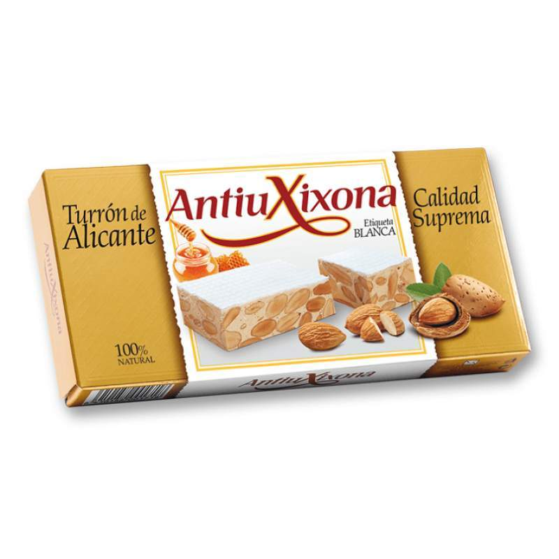 Caja de 32 unidades de Turrón de Alicante (duro) Antiu Xixona etiqueta blanca.-ChocolateSI-Blandos,Cajas,Con Almendras,Duro,Eventos,Grandes,Sin Gluten
