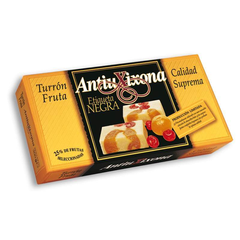 Caja de 12 unidades de Turrón de Fruta Antiu Xixona Etiqueta Negra 300g-ChocolateSI-Cajas,Con Almendras,Con Frutas,Sin Gluten,Suave