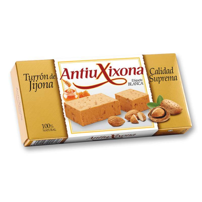 Caja de 32 unidades de Turrón de Jijona (blando) Antiu Xixona Etiqueta Blanca-ChocolateSI-Blandos,Cajas,Con Almendras,Duro,Sin Gluten,Sin Lactosa