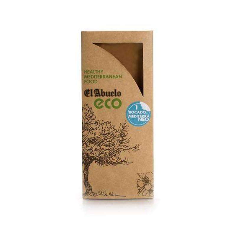 Una caja rectangular marrón etiquetada "El Abuelo Eco" de Jijona S.A., Alicante, presenta "Turrón de Mazapán Ecológico o de Nieve" 200g y una ilustración de un árbol con "Alimentación Mediterránea Saludable".