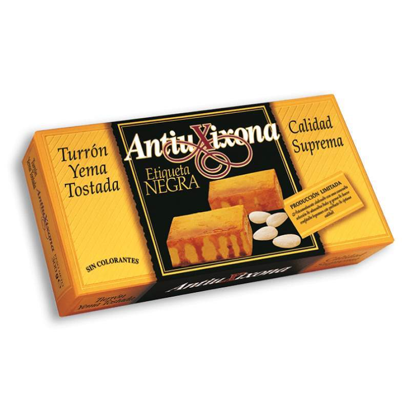 Turrón de Yema Tostada Antiu Xixona Etiqueta Negra 250g-ChocolateSI-Con Almendras,Sin Gluten,turrones artesanos