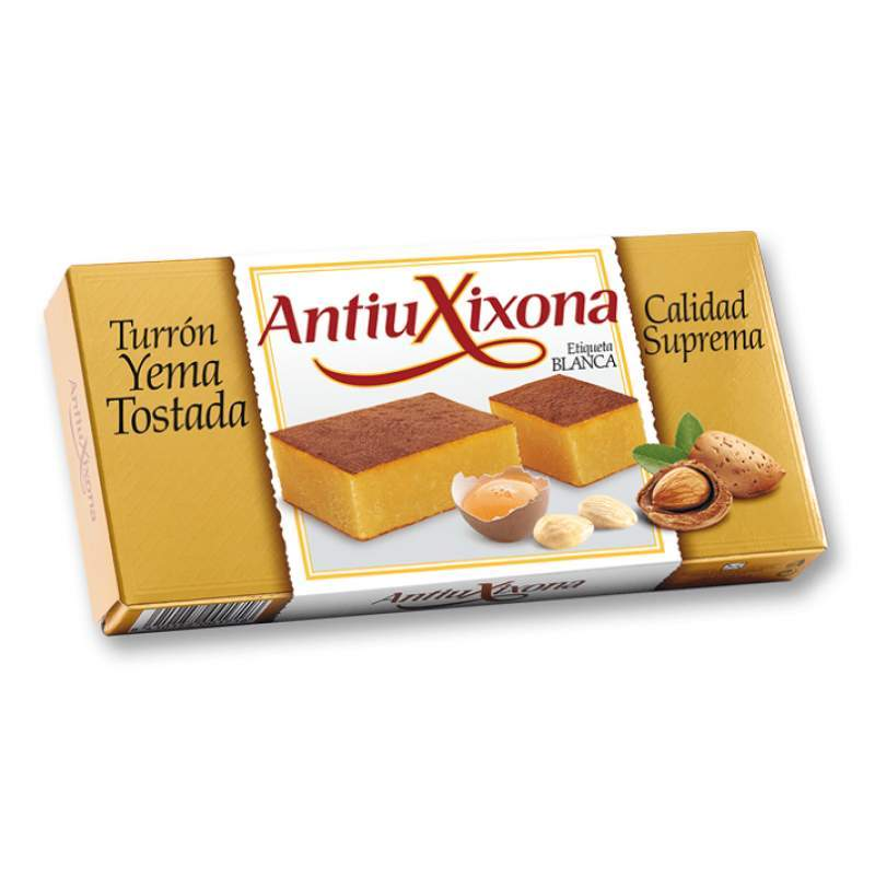 Caja de 12 unidades de Turrón de Yema Tostada Antiu Xixona etiqueta blanca-ChocolateSI-Cajas,Con Almendras,Con Frutas,Sin Gluten