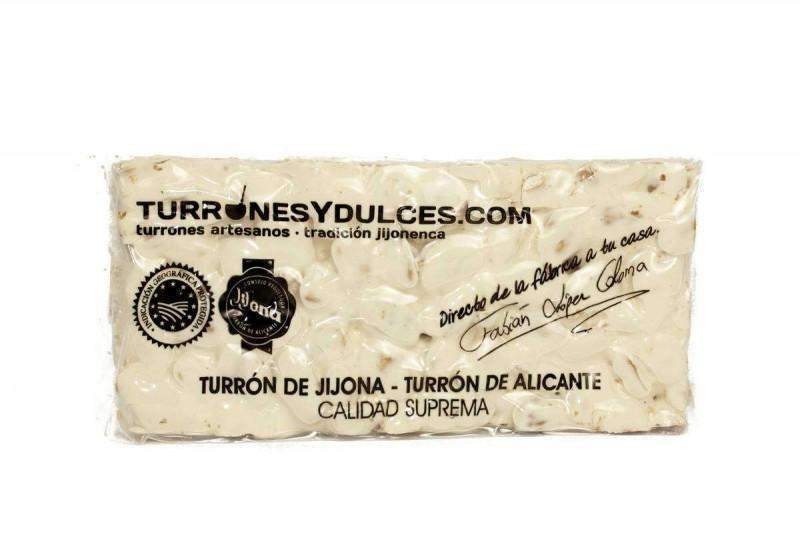 Turrón Alicante Artesano (tableta dura) de 200 g, protegido por la Denominación de Origen, de Jijona S.A. (Partida de Alequa s/n, Jijona, Alicante), con marcas y etiquetas visibles en la envoltura.