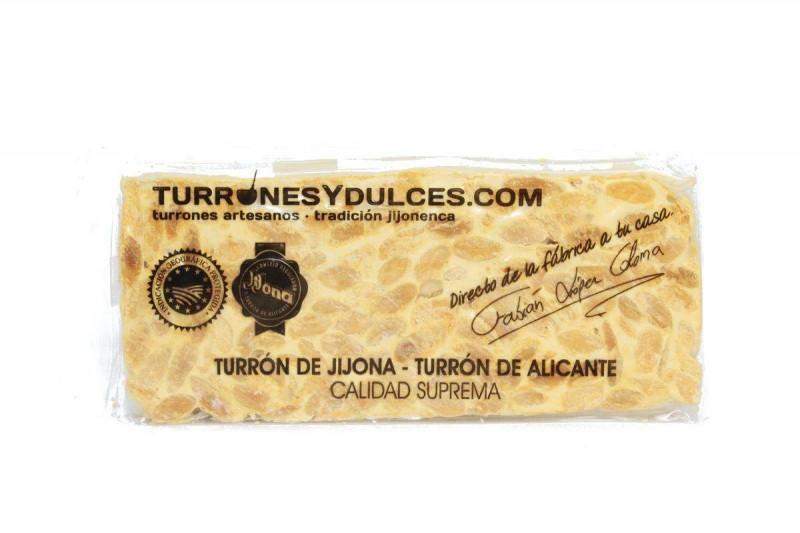 El Turrón Alicante Artesano de 200g de Jijona S.A. es una clásica barra de turrón duro, amparada por la Denominación de Origen y elaborada con almendras, reflejo de la calidad artesanal alicantina al igual que su homólogo blando de Jijona.