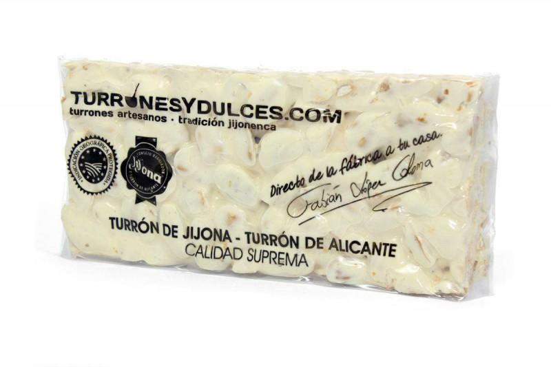 Una barra de 200 g de Turrón Alicante Artesano, un turrón duro protegido por la Denominación de Origen, de Jijona S.A. (Partida de Alequa s/n, Jijona, Alicante), con 